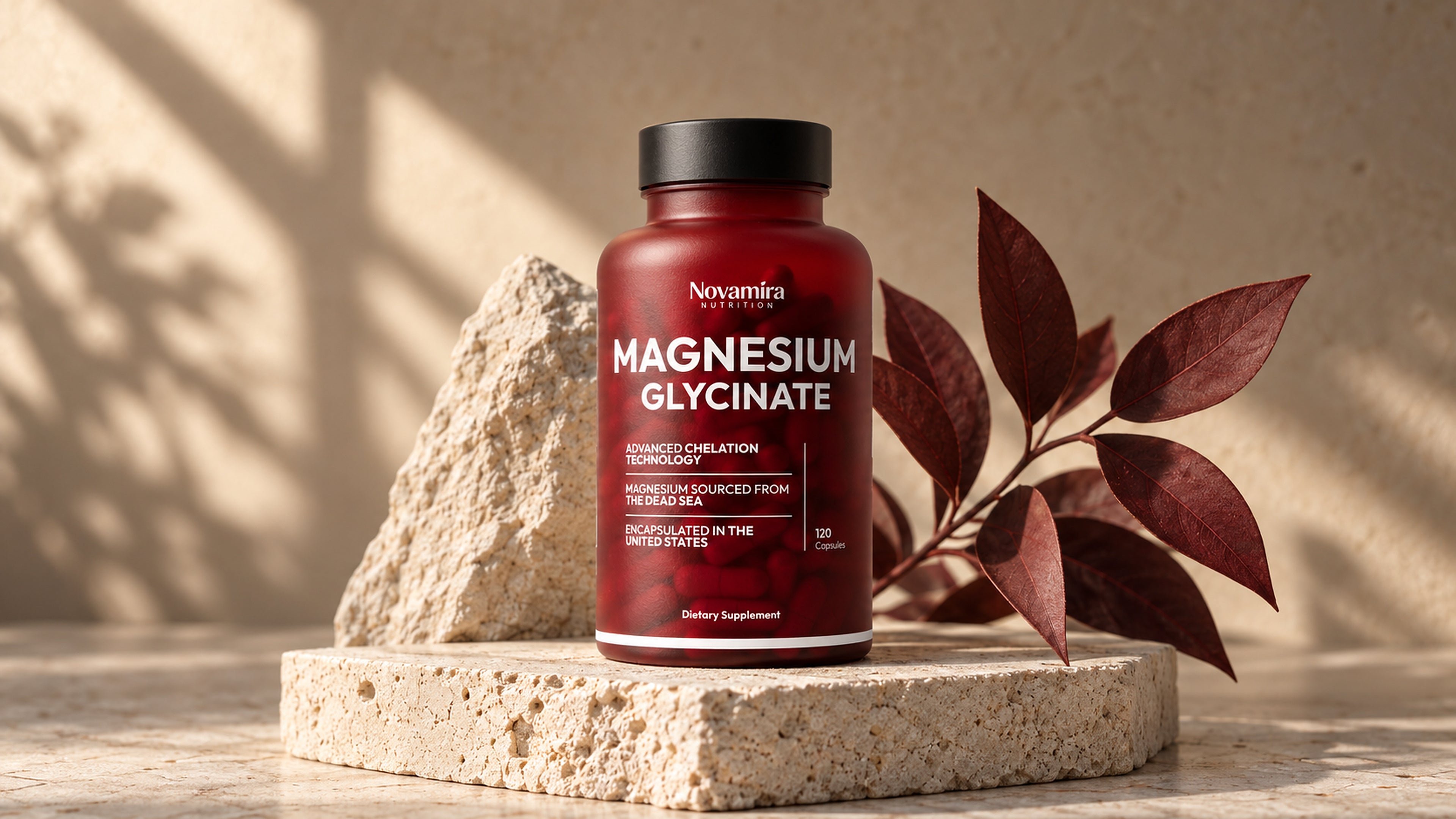 Novamira Magnesium Glycinate displayed on natural stone with burgundy foliage