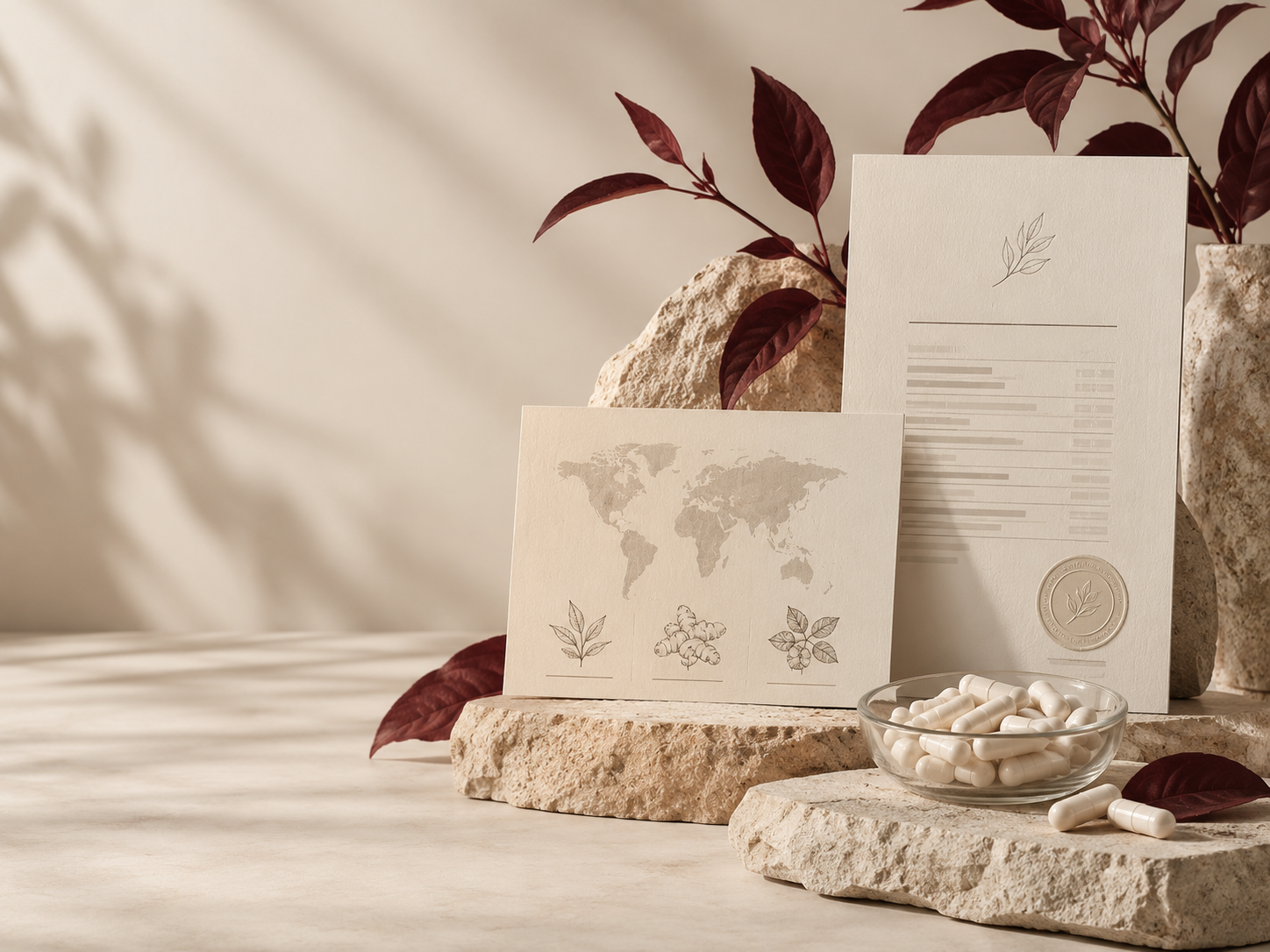 Ingredient-origin notes, quality documents, capsules and burgundy leaves on natural stone