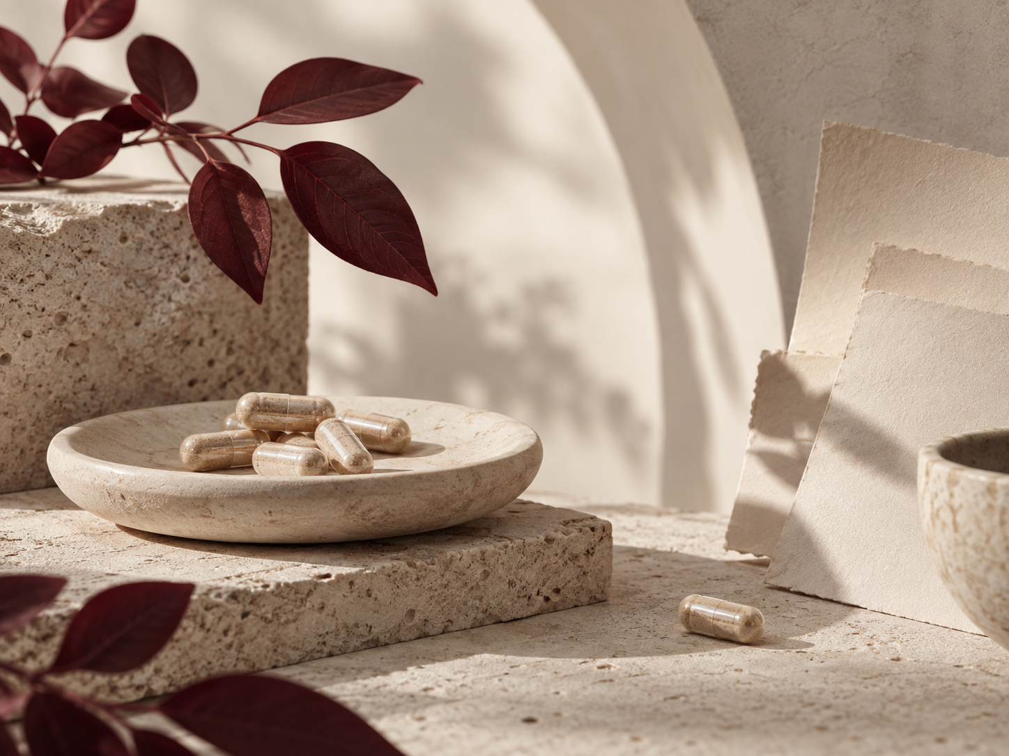 Capsules on natural stone with burgundy botanical leaves